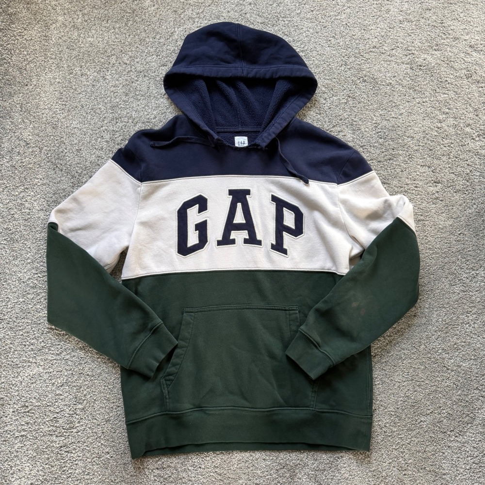 Gap Hoodie Mens Medium Colorblock Navy Green Cream Arch Logo Pullover Fleece